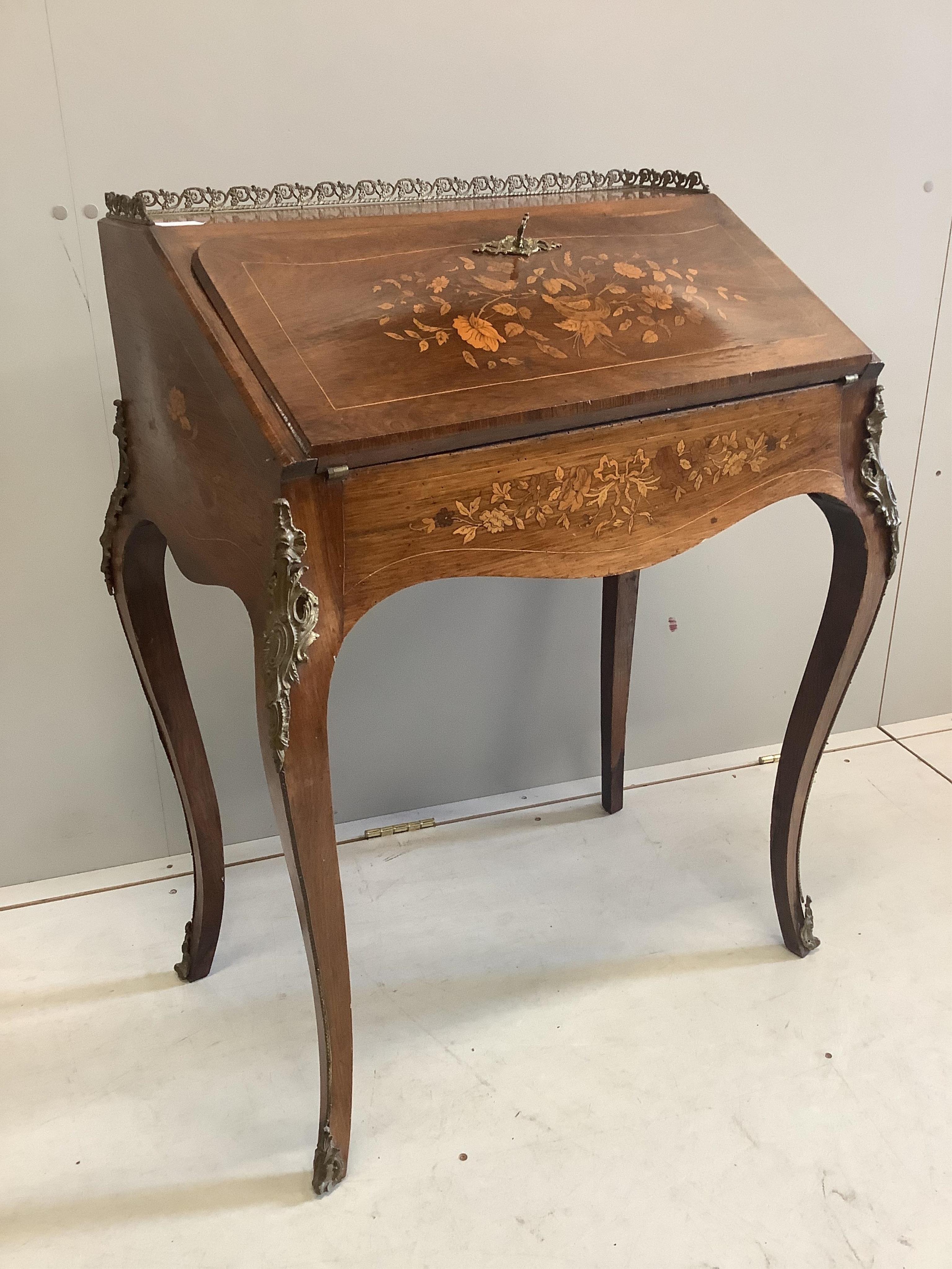 A Louis XV style rosewood and floral marquetry bureau de dame, width 79cm, depth 46cm, height 93cm